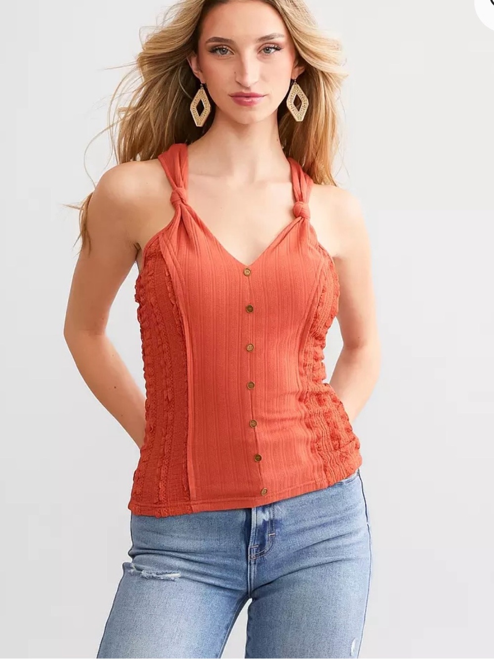 Miss Me Knotted Strap Faux Button Front Tank Top Terracotta Orange L NWOT